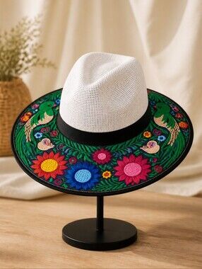 Embroidered Floral Wide Brim Hat